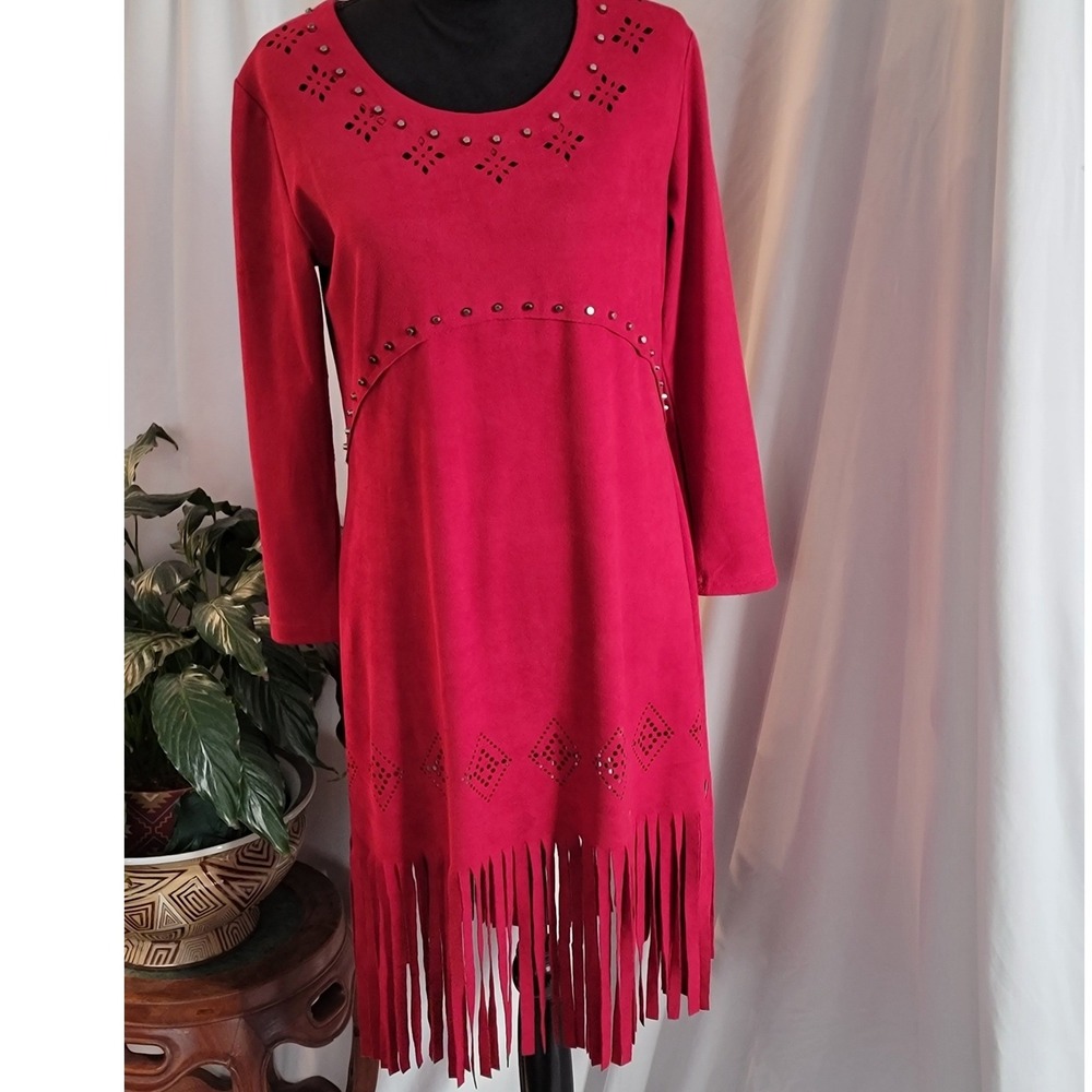 Pretty Angel Red Faux Suede‎ Fringe Dress Studded Laser Cut Boho Western Medium